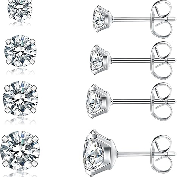 Earrings Set, Hypoallergenic Cubic Zirconia 316L Earrings Stainless Steel CZ Earrings 3-8mm (Steel color)